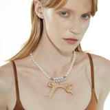 New Material / Wooden Bow Gemstone Pearl Necklace
