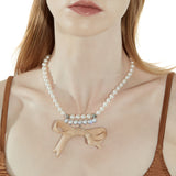New Material / Wooden Bow Gemstone Pearl Necklace