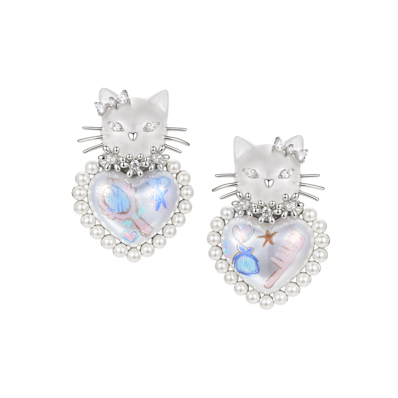 Paradise / Cat Heart Pearl Flower Earrings