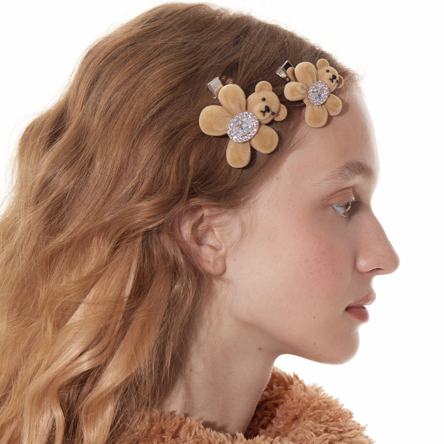 Paradise / Flocked Bear Gemstone Flower Hair Clip
