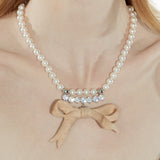 New Material / Wooden Bow Gemstone Pearl Necklace