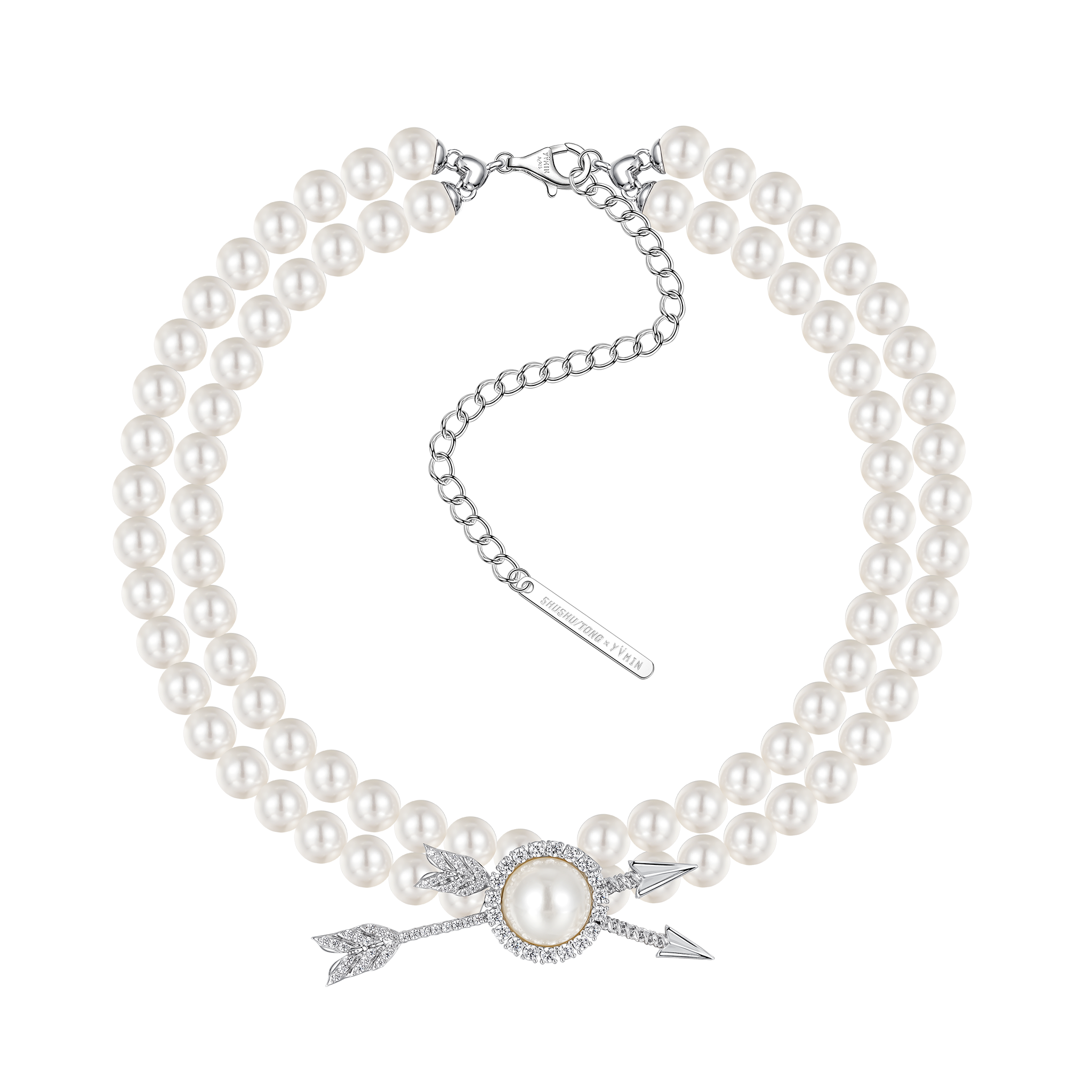 YVMIN X SHUSHUTONG / Double Arrow Pave Pearl Layers Necklace YVMIN X SHUSHUTONG / Double Arrow Pave Pearl Layers Necklace