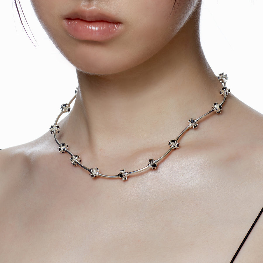Ripple / Curved Silver Tube Gem Bead Short Necklace（Bracelet）