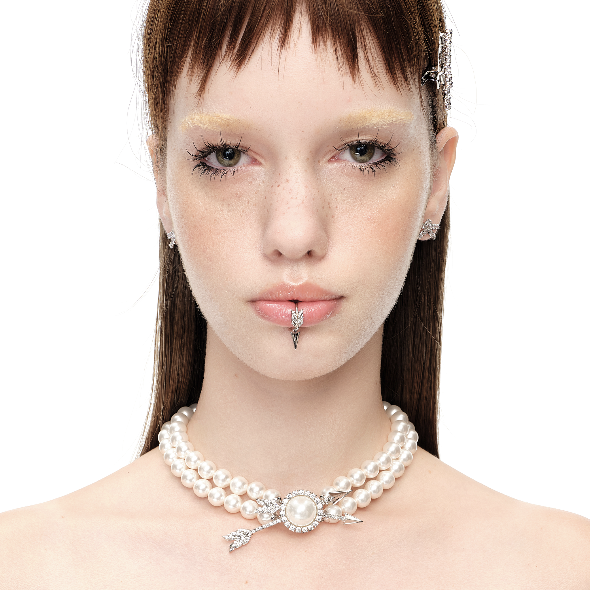 YVMIN X SHUSHUTONG / Double Arrow Pave Pearl Layers Necklace