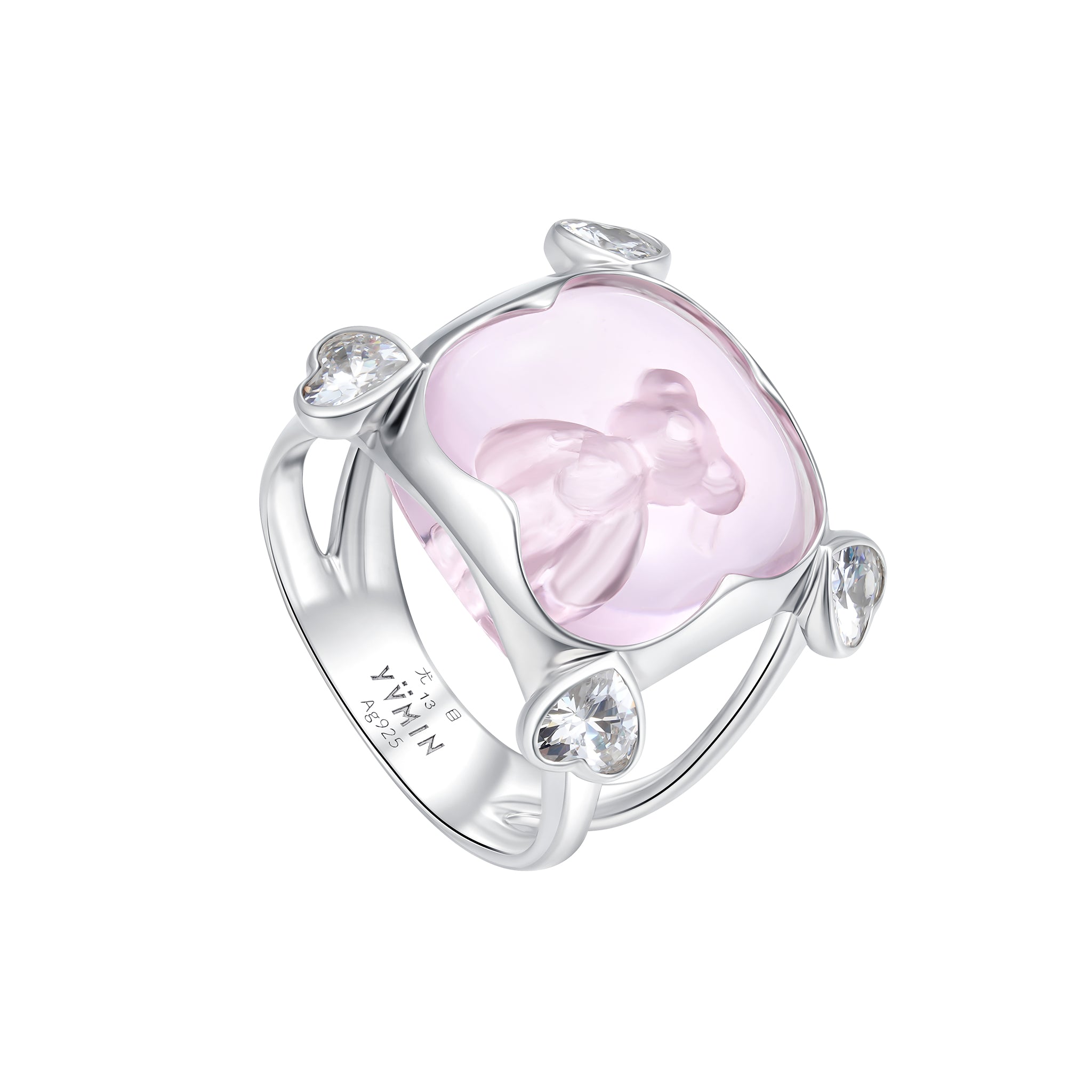 YVMIN Paradise Four-Claw Crystal Bear Ring featuring a detailed bear design with sparkling crystals on a silver band.