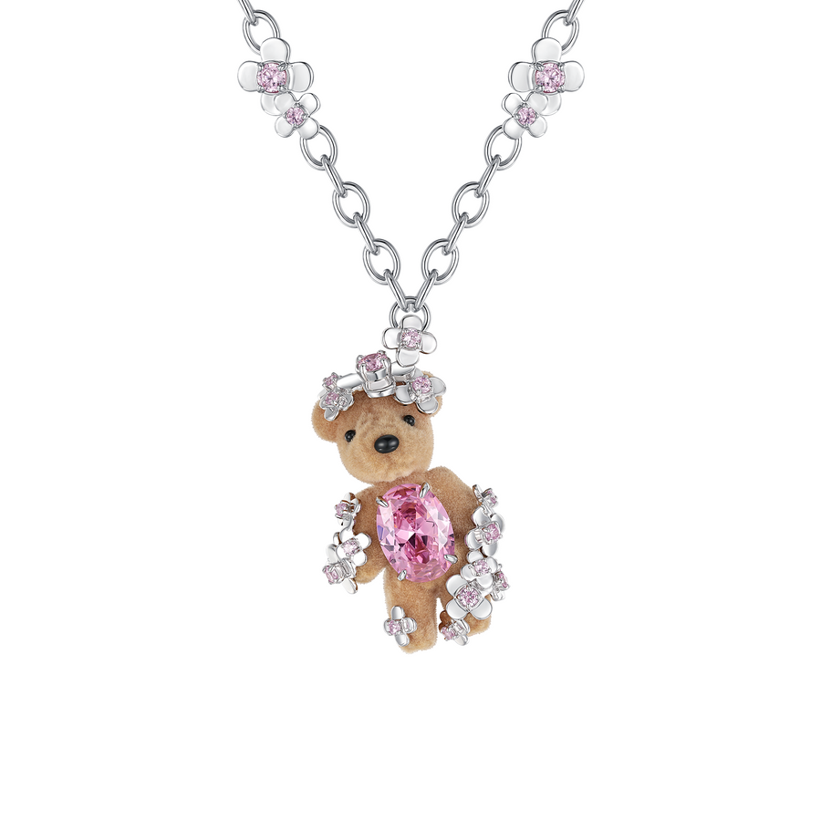 Paradise / Flower Covered Flocked Bear  Necklace