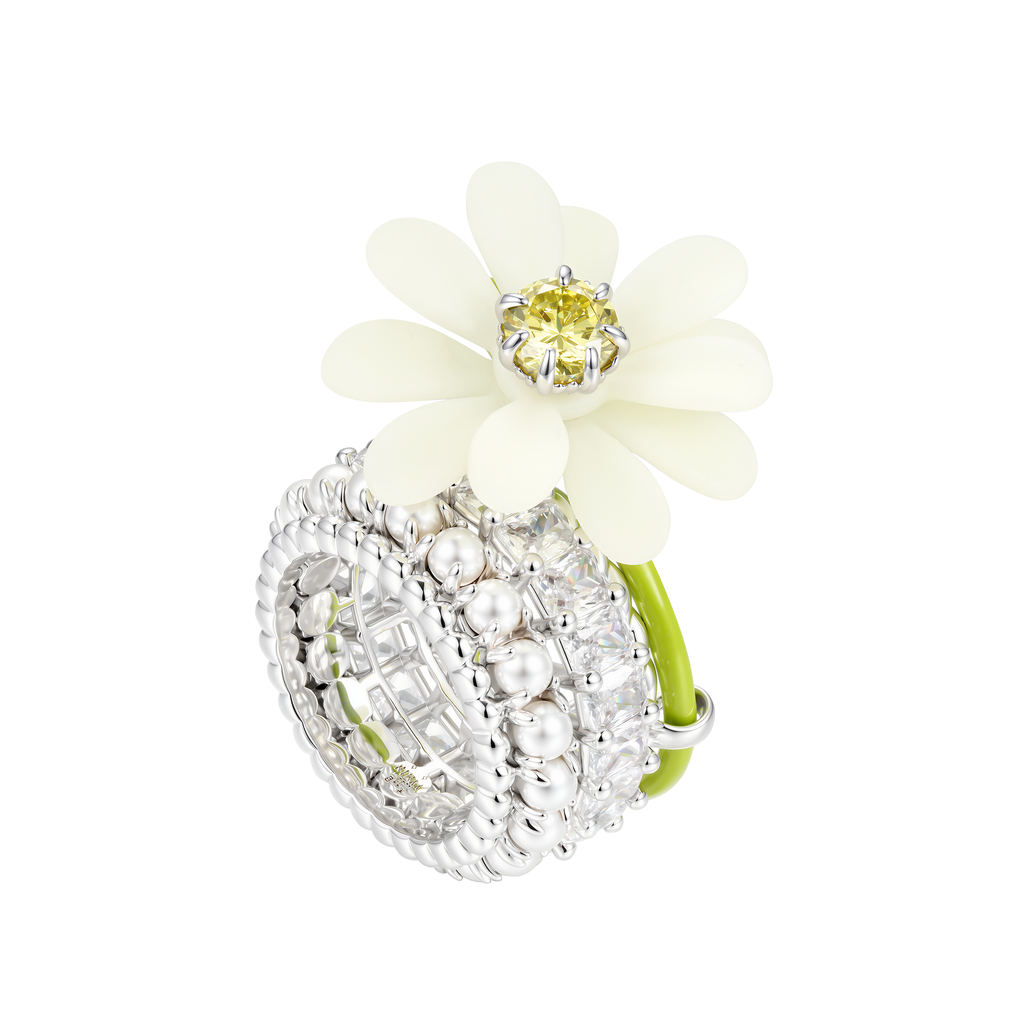 YVMIN Paradise Daisy gemstone ring featuring a delicate floral design with sparkling gemstones on a silver band.