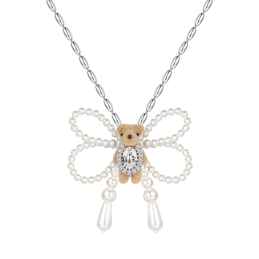 Paradise / Mini Flocked Bear Pearl Bowknot Necklace