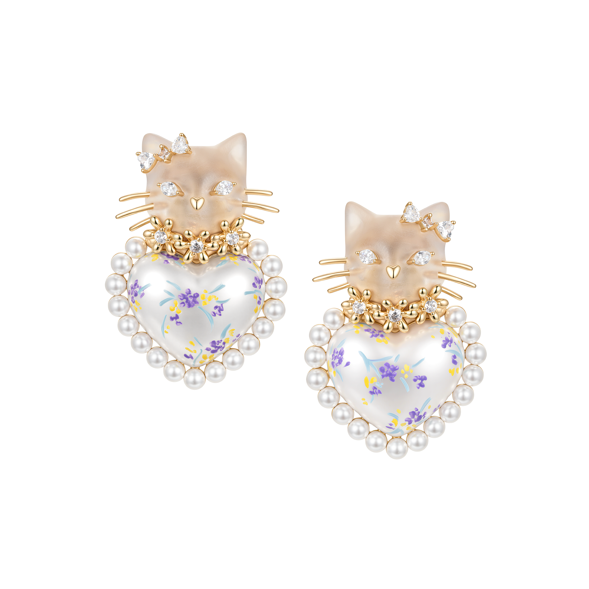 Paradise / Cat Heart Pearl Flower Earrings