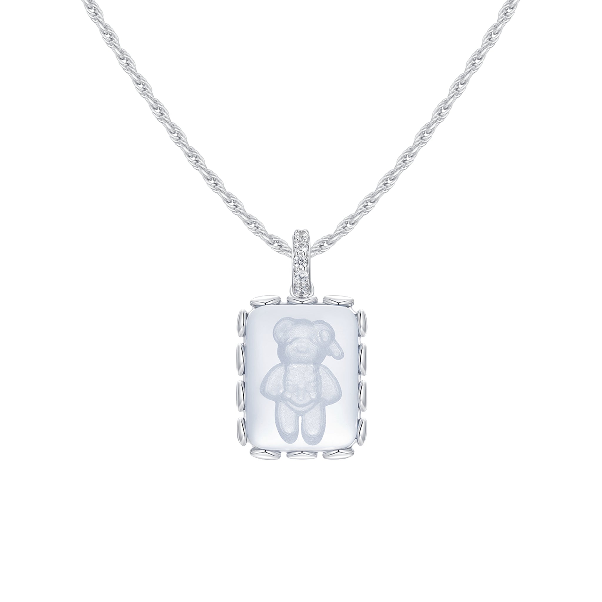 YVMIN Paradise Crystal Bear Square Pendant Necklace featuring a sparkling crystal bear charm on a sleek chain
