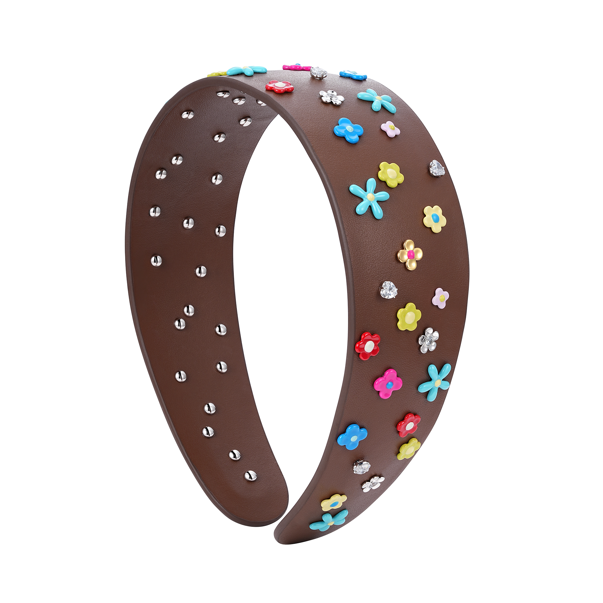 YVMIN Paradise floral pavé leather headband with colorful floral embellishments and sleek leather band.