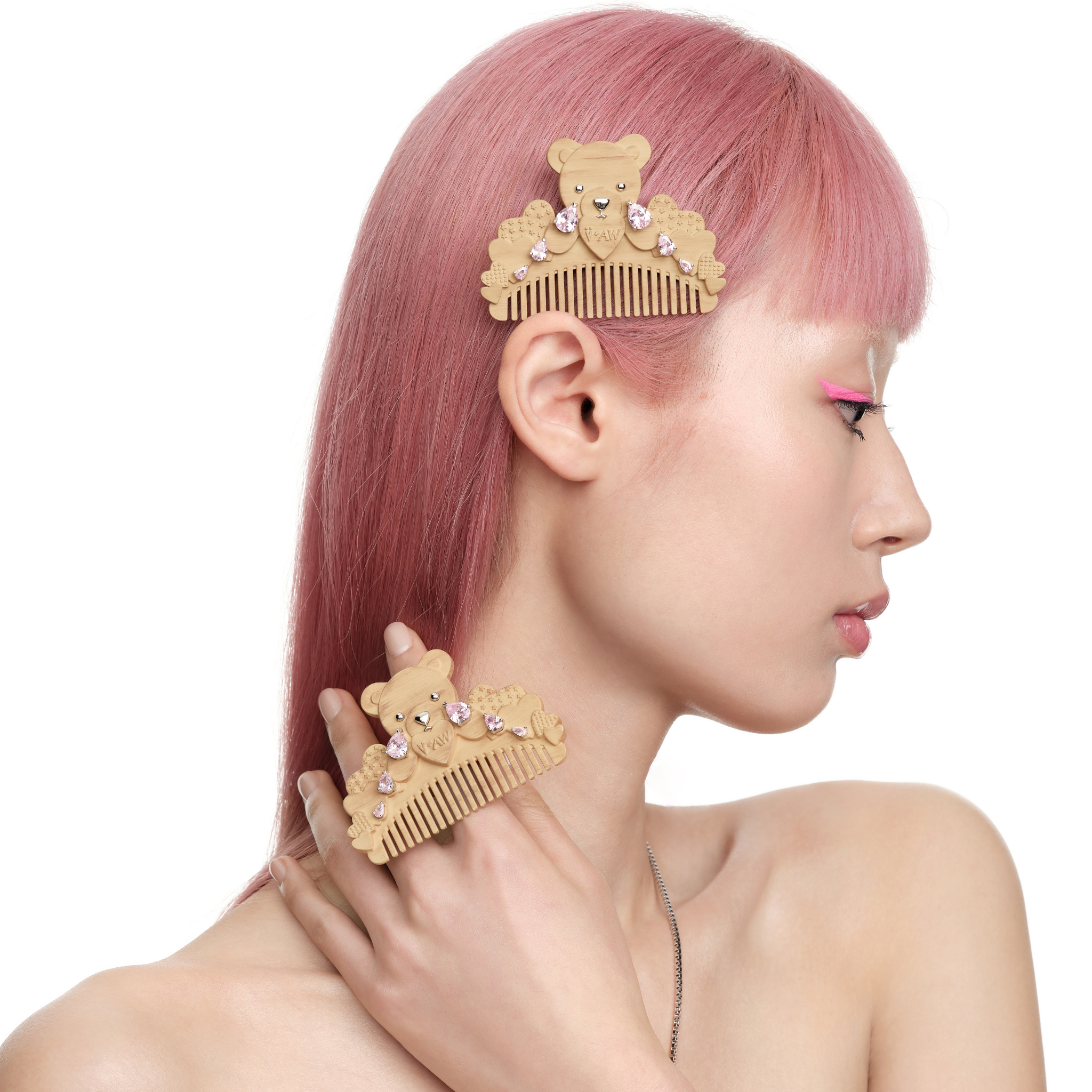 YVMIN X Ashley Williams Crying Bear Comb Hair Clip, pink bear hair accessory with comb teeth