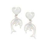 YVMIN island and heart-shaped mother-of-pearl dolphin stud earrings, featuring shiny pearl accents and detailed dolphin design.
