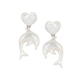 YVMIN island and heart-shaped mother-of-pearl dolphin stud earrings, featuring shiny pearl accents and detailed dolphin design.