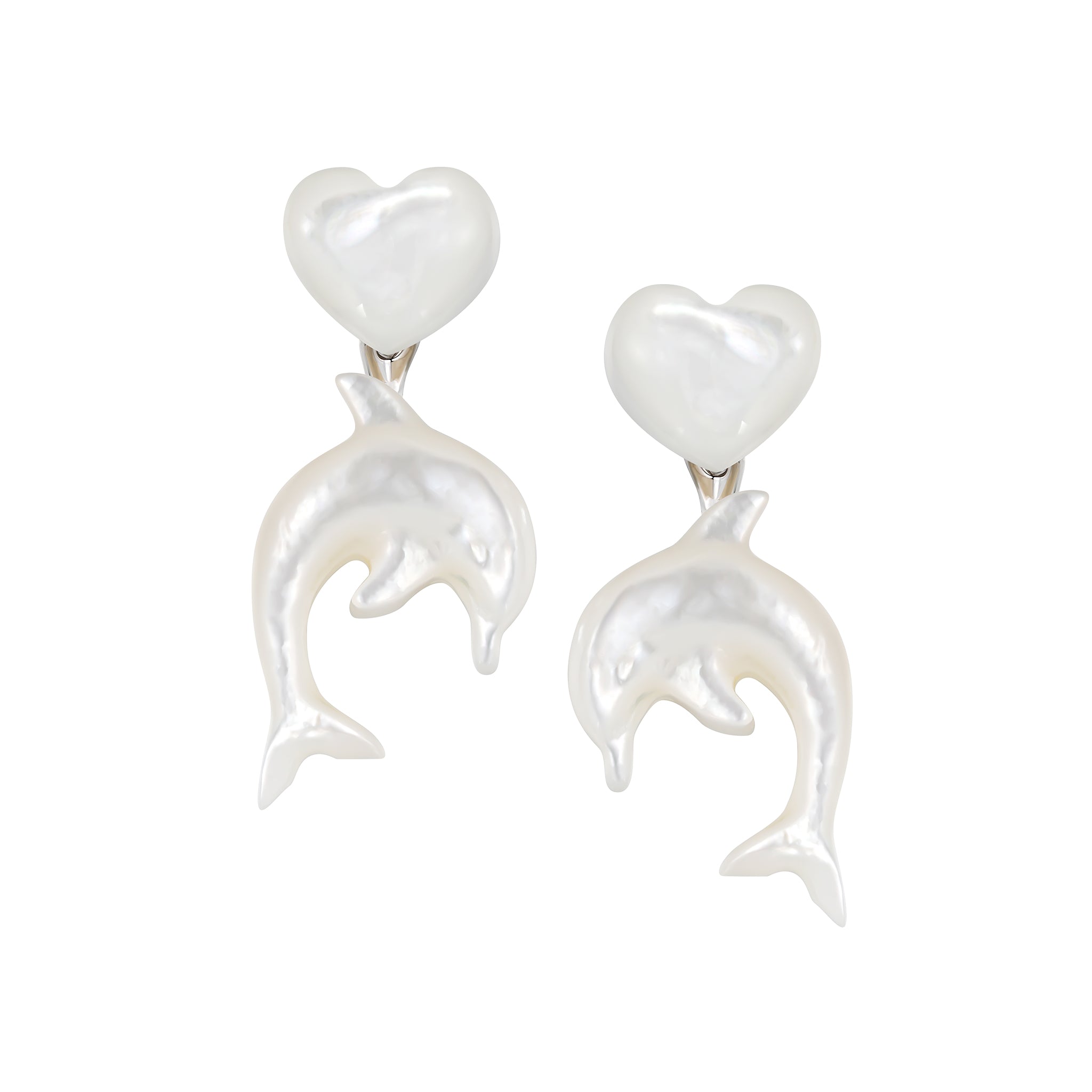YVMIN island and heart-shaped mother-of-pearl dolphin stud earrings, featuring shiny pearl accents and detailed dolphin design.