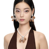 Paradise / Pave Bowknot  Puppy Pearl Necklace