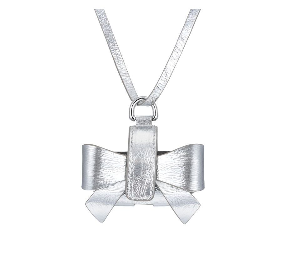 Bow-shaped headphone case with soft exterior and zipper closure, designed to protect and carry headphones securely.