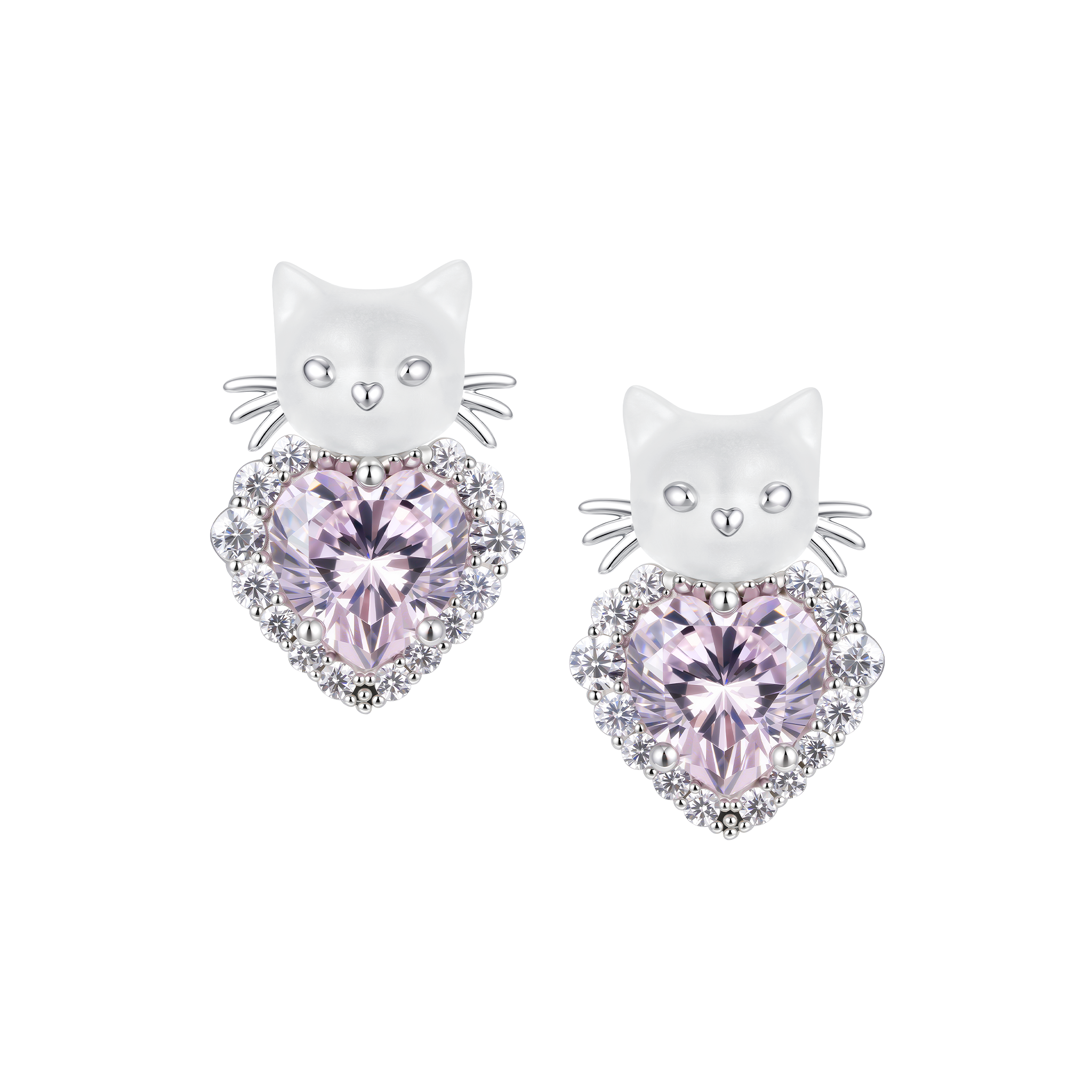 Paradise / Mini Cat Head Heart Gem Stud Earrings