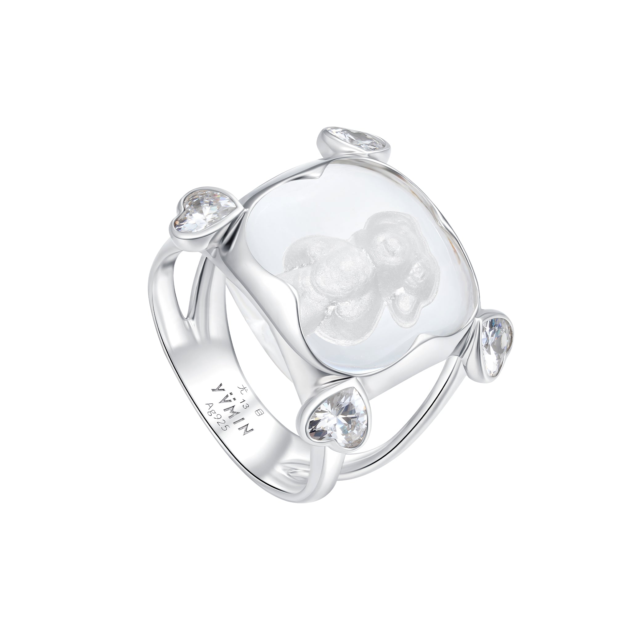 YVMIN Paradise Four-Claw Crystal Bear Ring featuring a sparkling crystal bear design on a silver band.