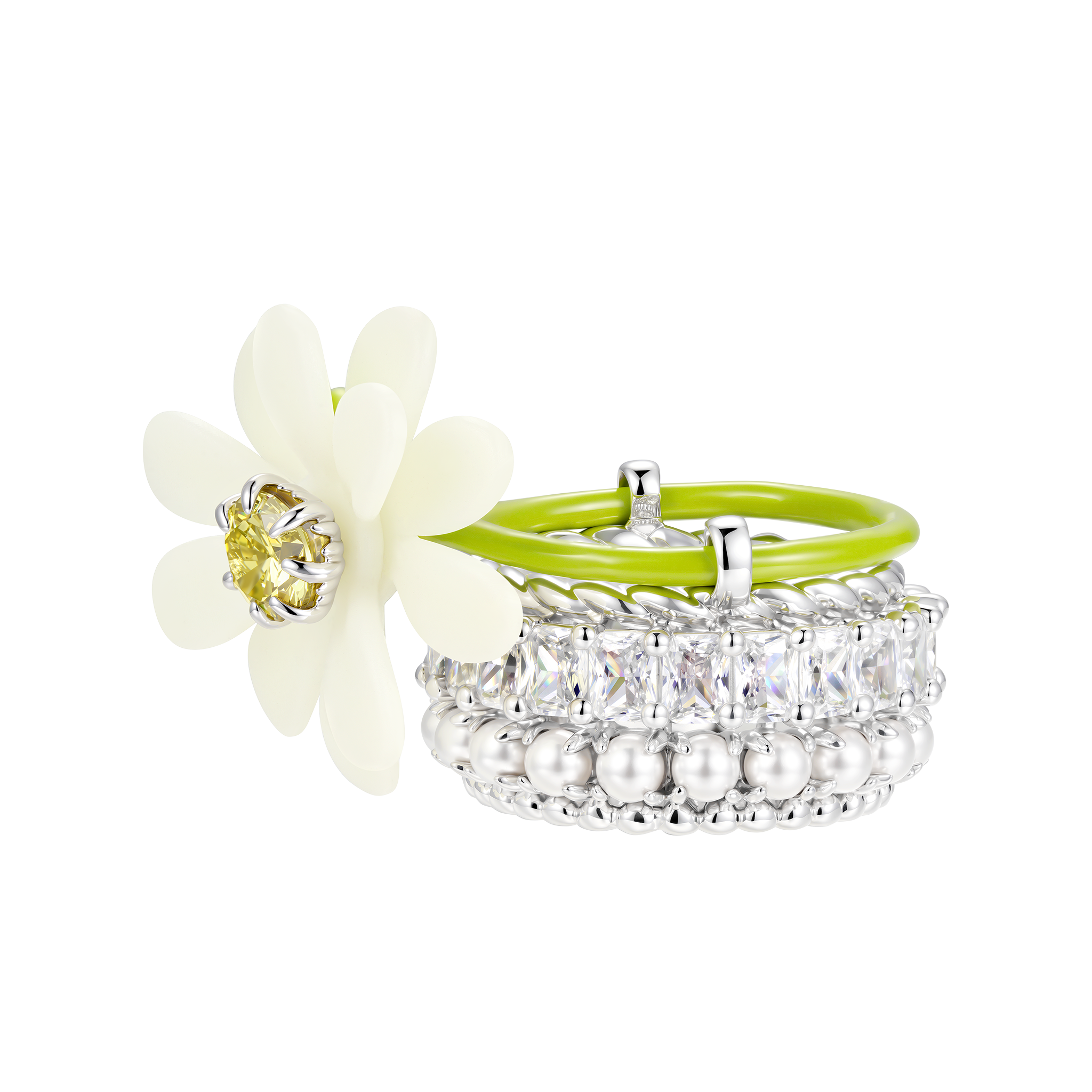 YVMIN Paradise Daisy Gemstone Ring featuring a delicate floral design with colorful gemstones on a silver band.