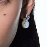YVMIN carved shell stud earrings featuring island and heart gem designs, showcasing intricate craftsmanship and natural shell patterns.
