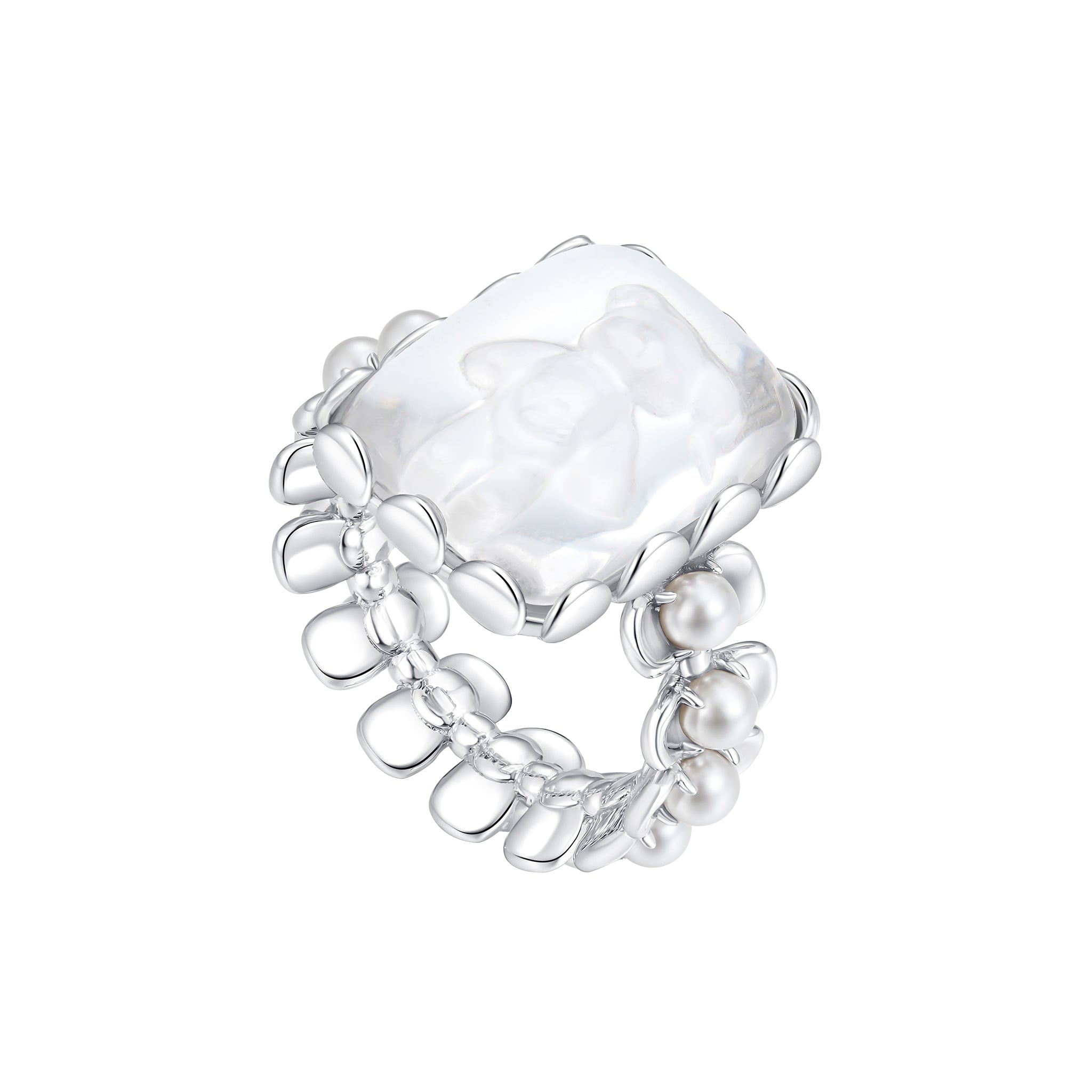 YVMIN Paradise Crystal Bear Lace Pearl Ring featuring a detailed bear and lace design with pearl accents on sterling silver