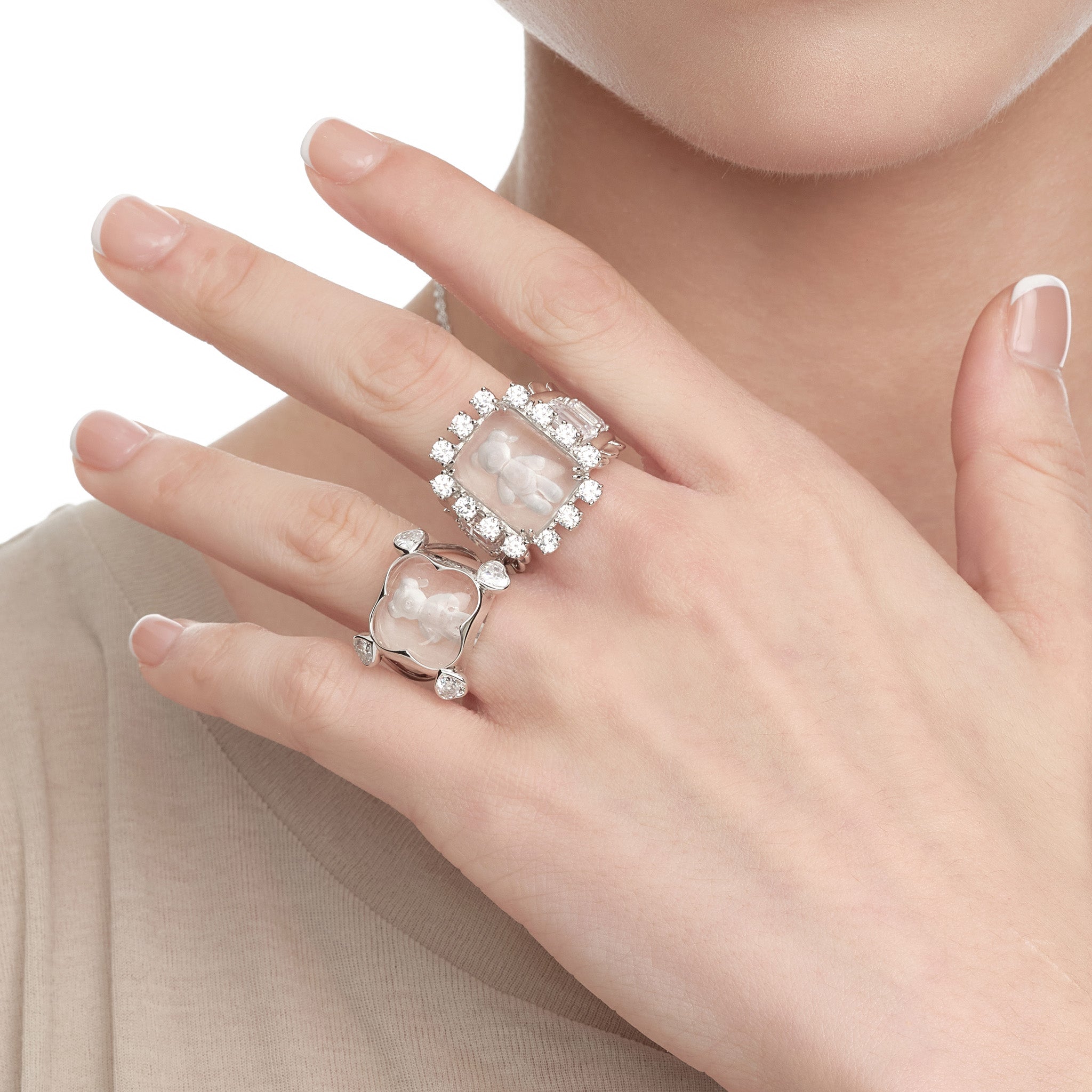 YVMIN Paradise Wide Strawberry Crystal Bear Ring featuring a gold band with pink strawberry and bear crystal embellishments