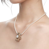 Paradise / Square Stone Plush Bear Pearl Necklace