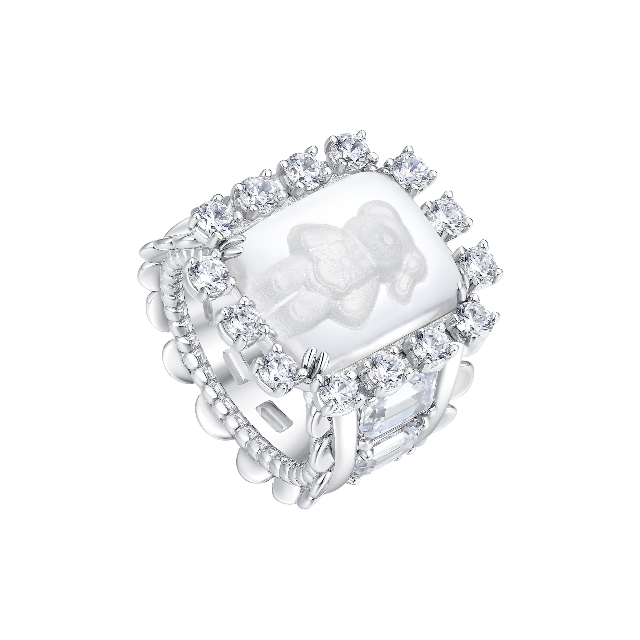 YVMIN Paradise Wide Strawberry Crystal Bear Ring featuring a large crystal-studded bear design on a silver band