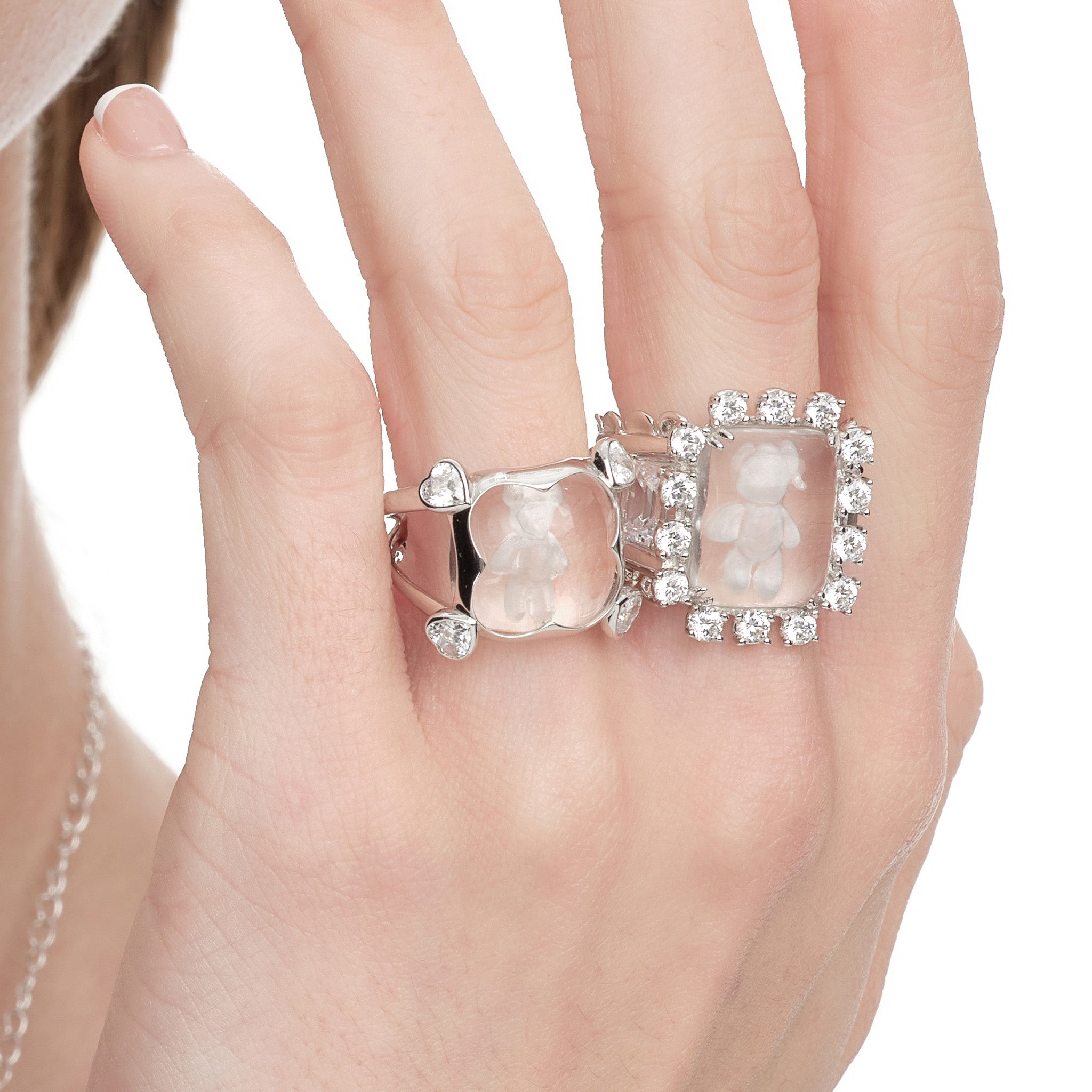 YVMIN Paradise Four-Claw Crystal Bear Ring featuring a sparkling crystal bear design on a silver band.