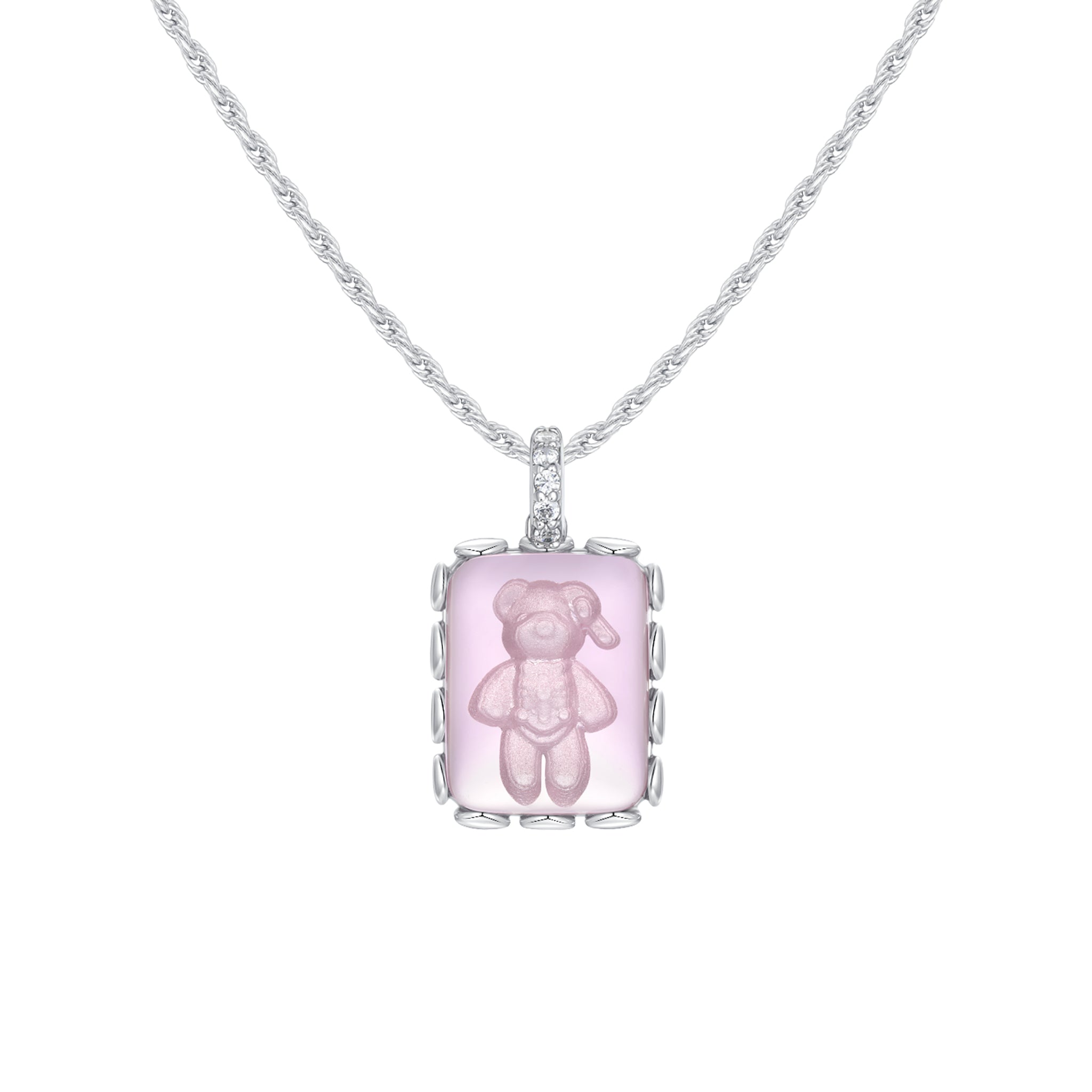 YVMIN Paradise Crystal Bear Square Pendant Necklace with sparkling crystal bear charm on a sleek silver chain.