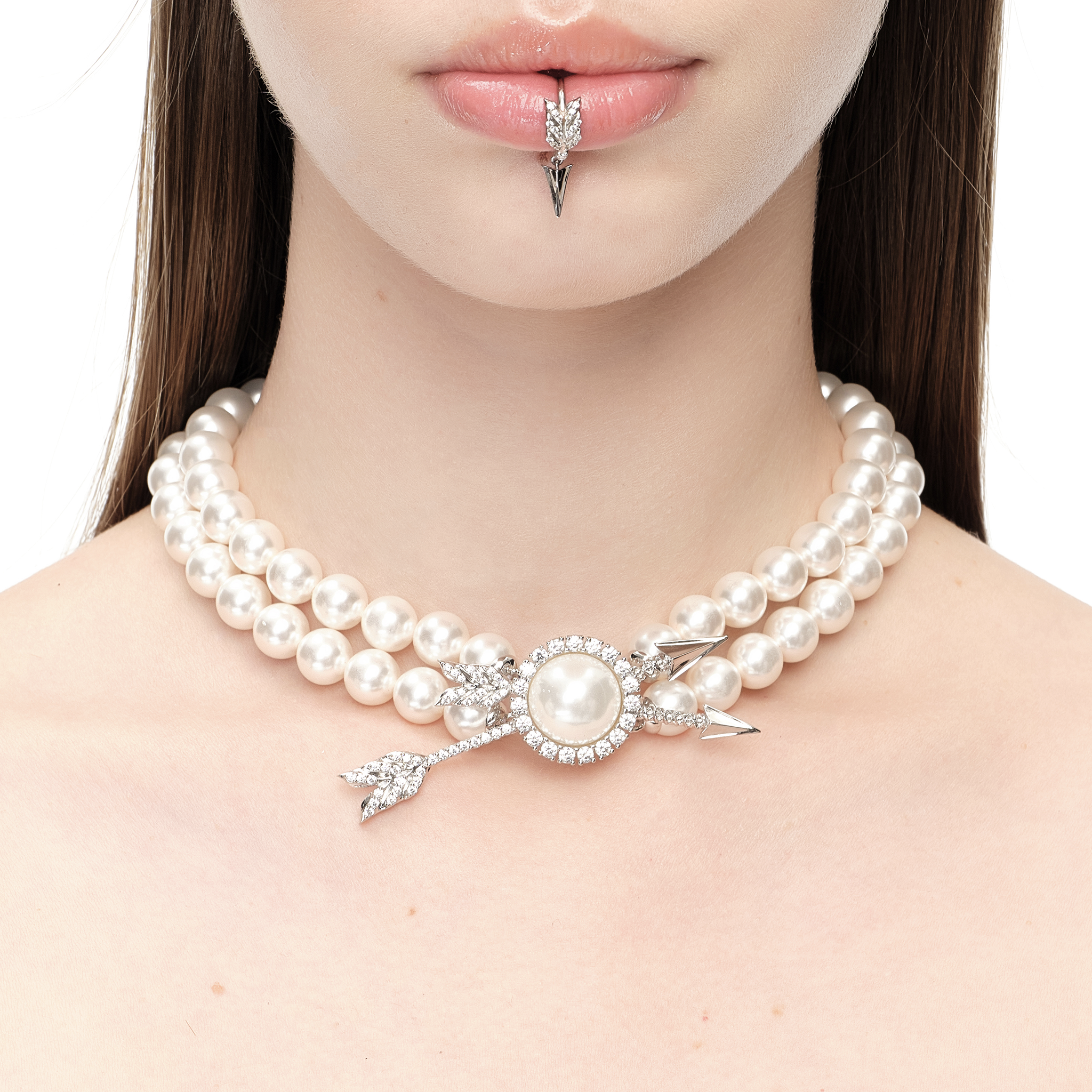 YVMIN X SHUSHUTONG / Double Arrow Pave Pearl Layers Necklace YVMIN X SHUSHUTONG / Double Arrow Pave Pearl Layers Necklace