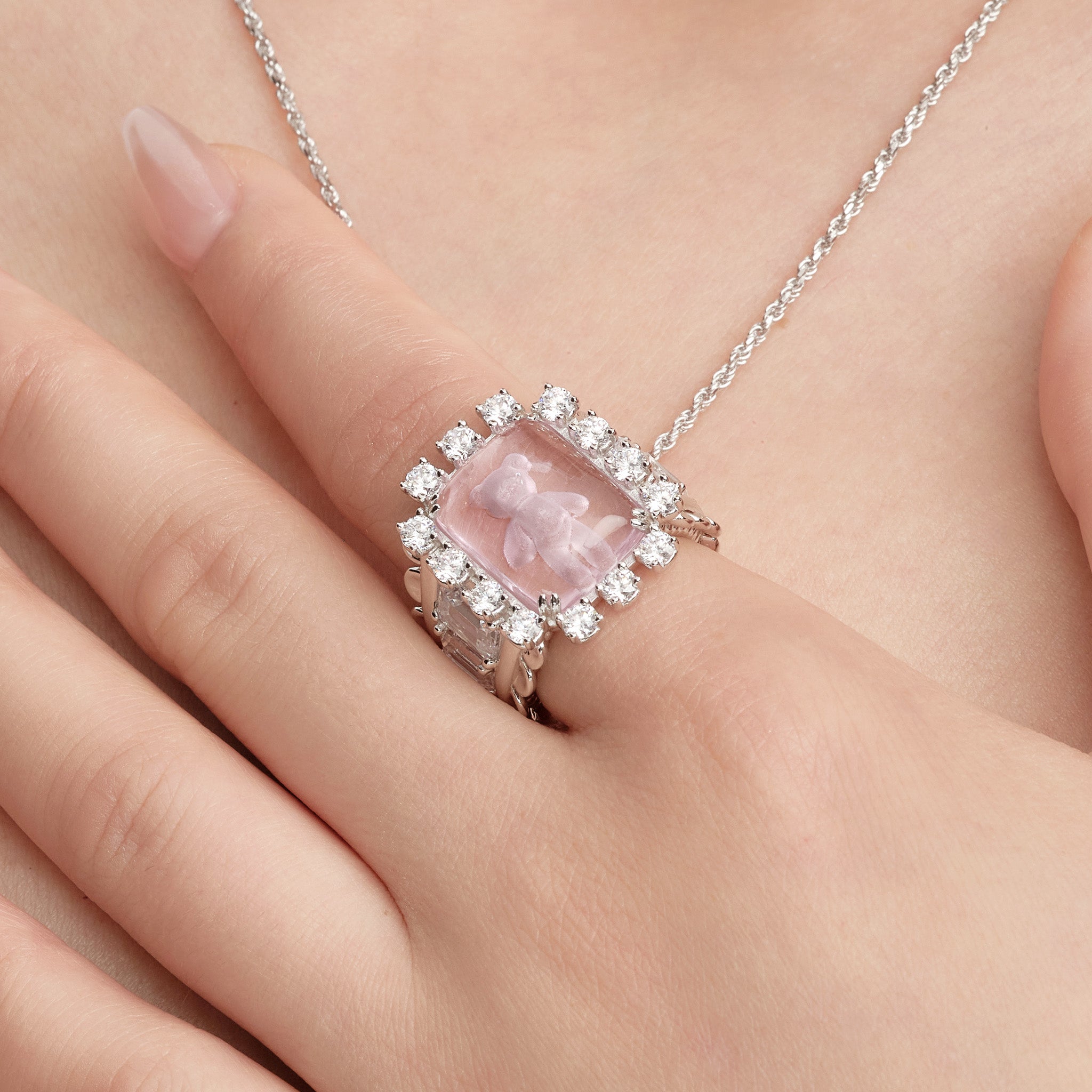 YVMIN Paradise Wide Strawberry Crystal Bear Ring featuring sparkling strawberry-shaped crystals and a detailed bear design.