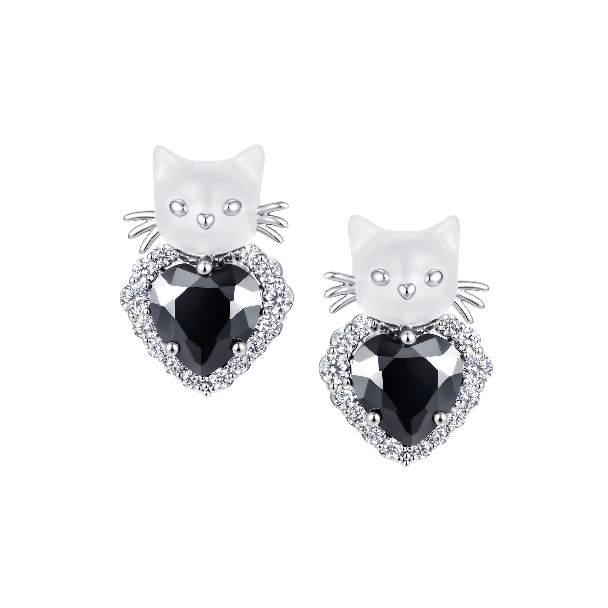 Paradise / Mini Cat Head Heart Gem Stud Earrings