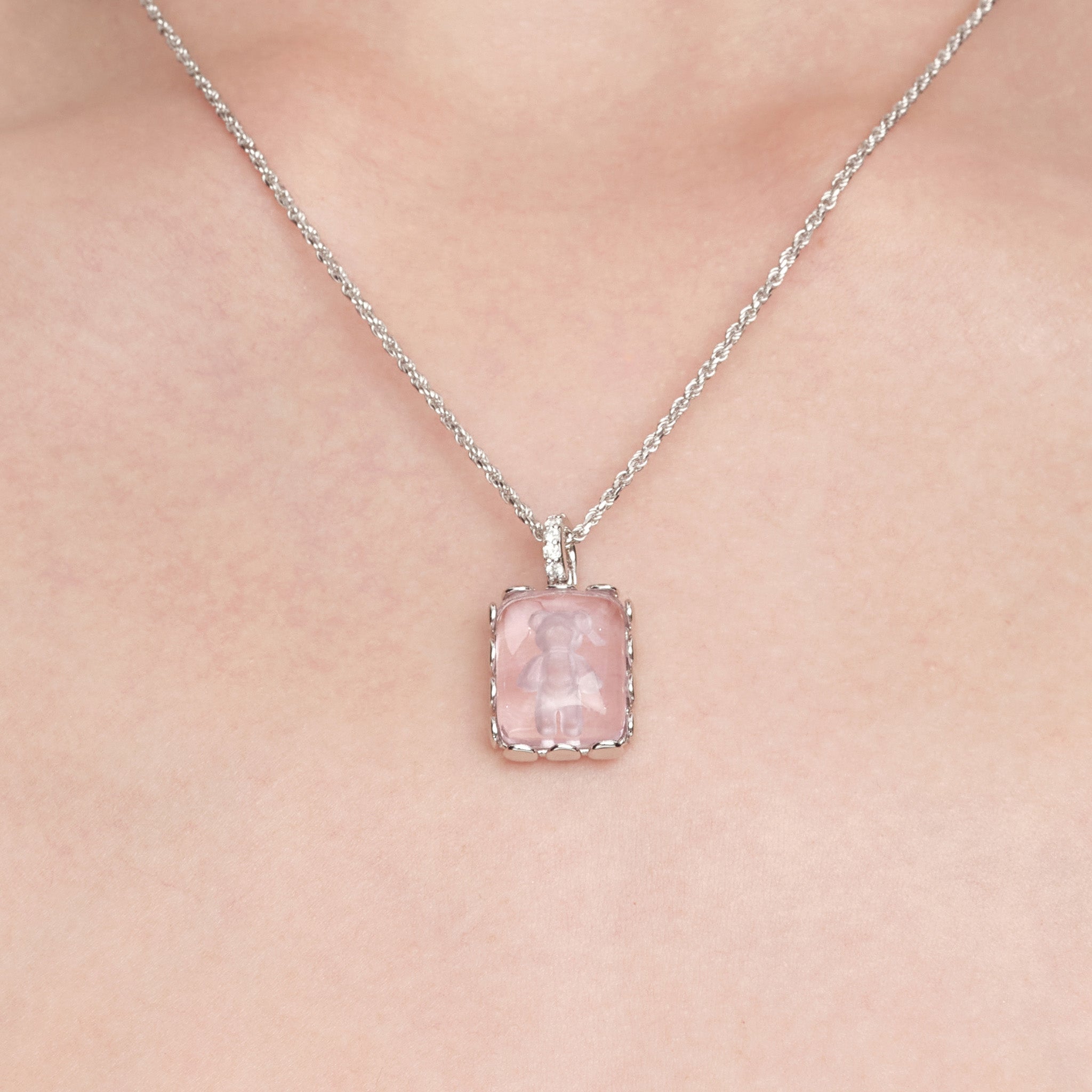 YVMIN Paradise Crystal Bear Square Pendant Necklace featuring a sparkling crystal bear charm on a silver chain