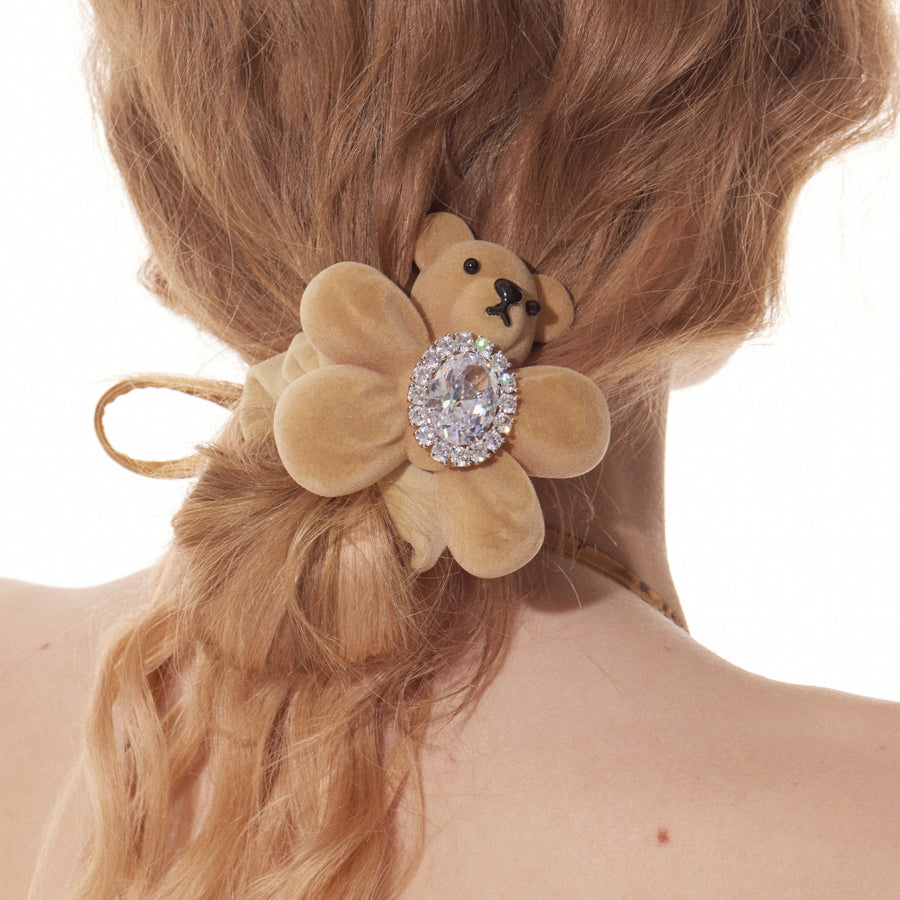 Paradise / Flocked Bear Gemstone Flower Hair Tie