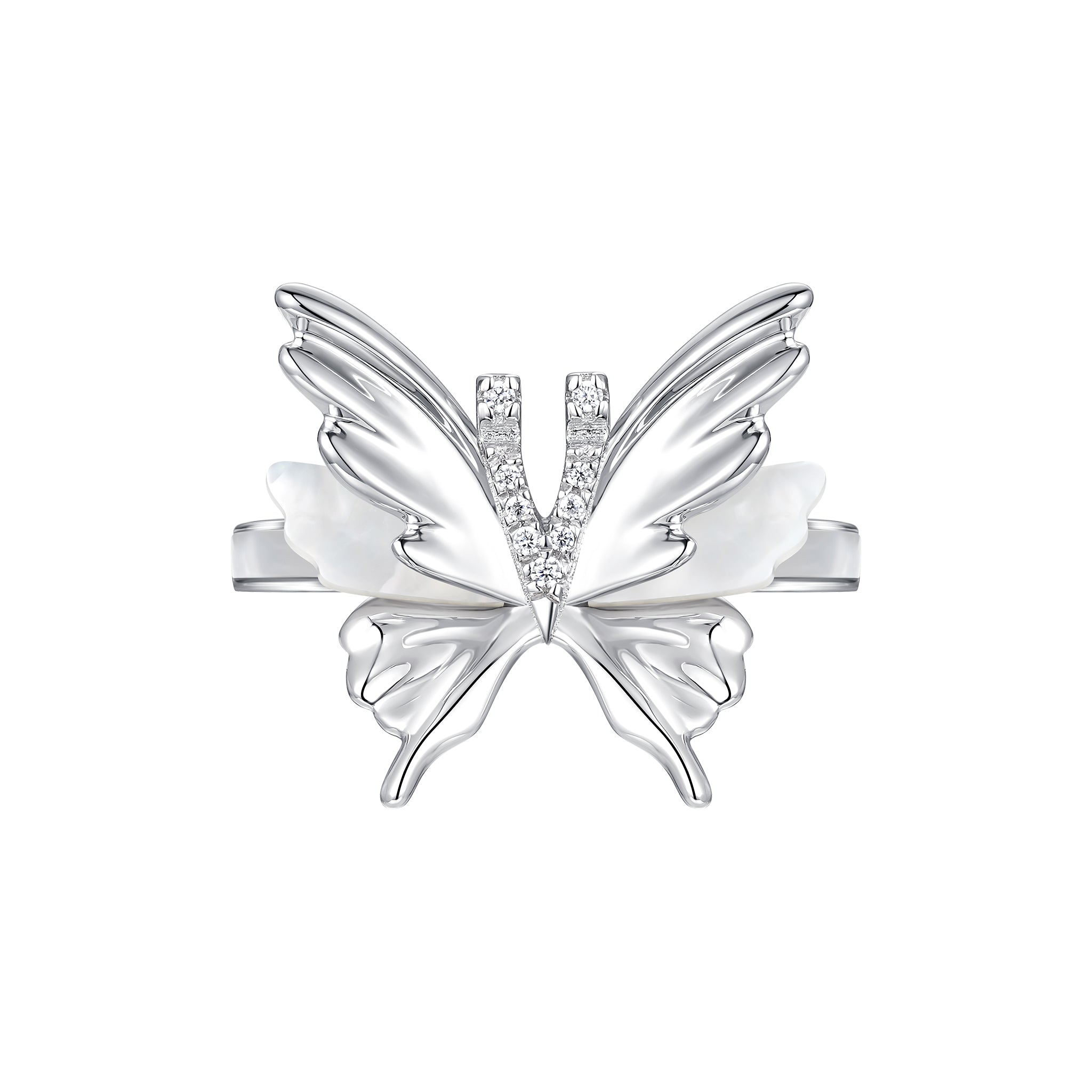 YVMIN Ripple and Opal Butterfly Ring with iridescent butterfly design and swirling band in sterling silver.