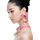 Paradise / Apple Peel Leather Bow Gemstone Earring