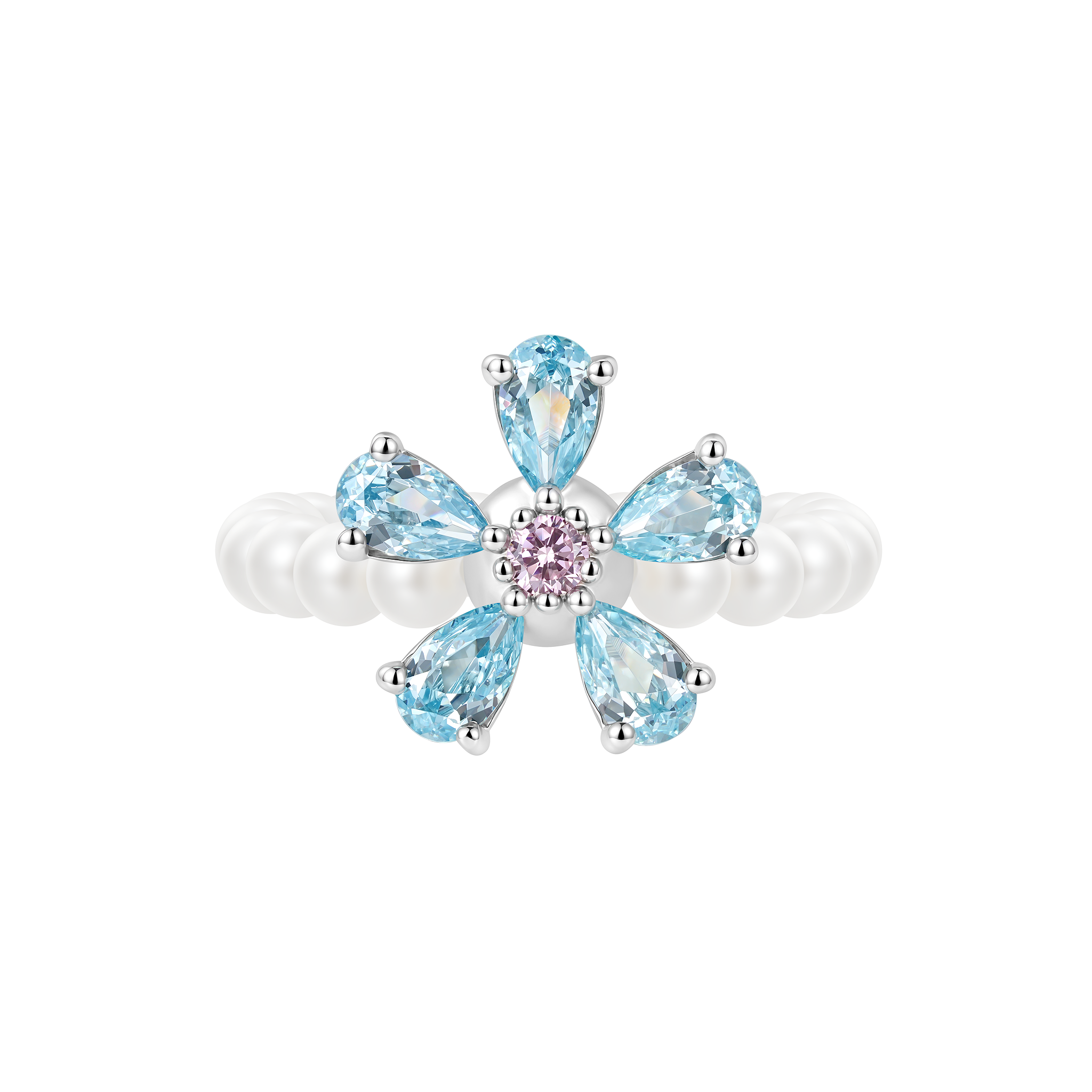 YVMIN Paradise Gem Flower Pearl Ring featuring a floral design with pearls and colorful gemstones on a silver band.