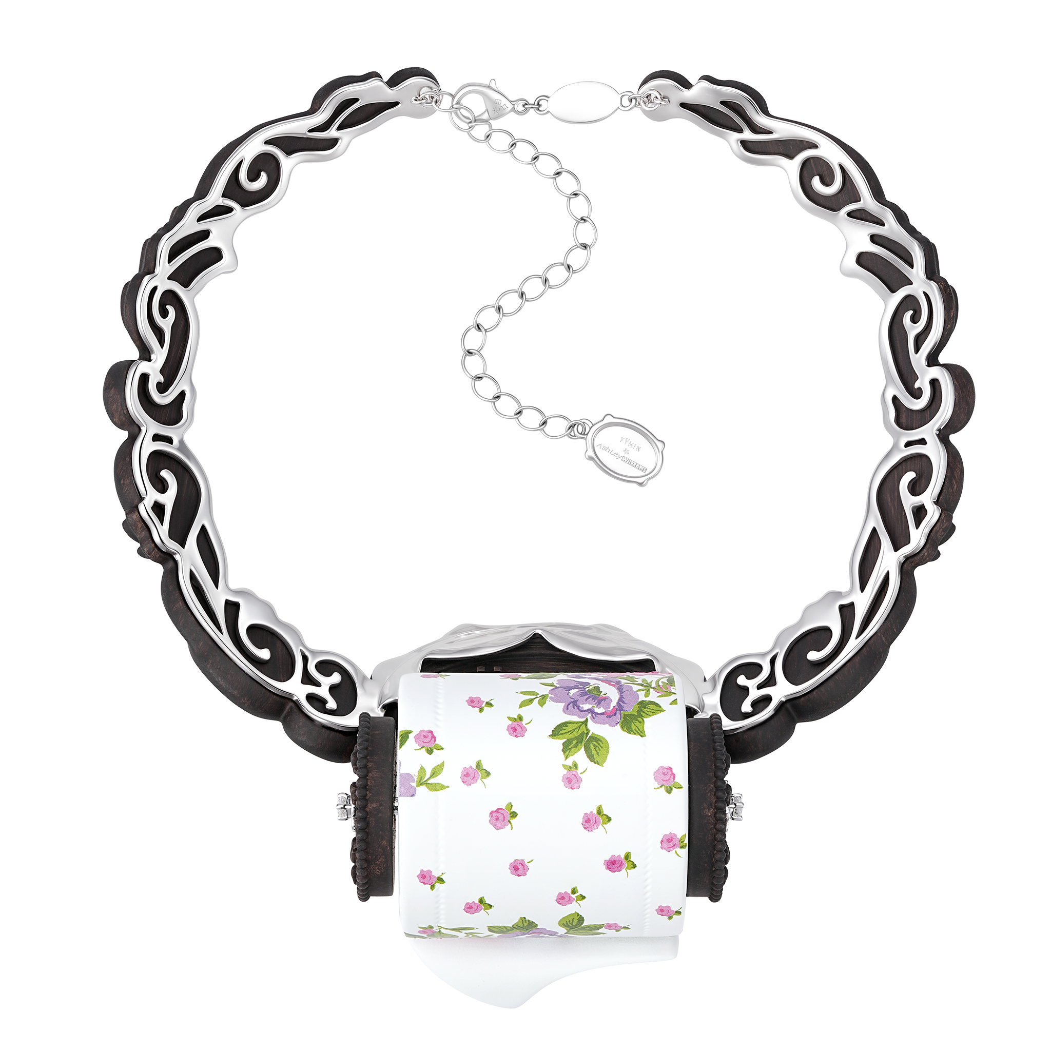YVMIN X Ashley Williams Scroll Choker necklace with intricate scroll design on a model