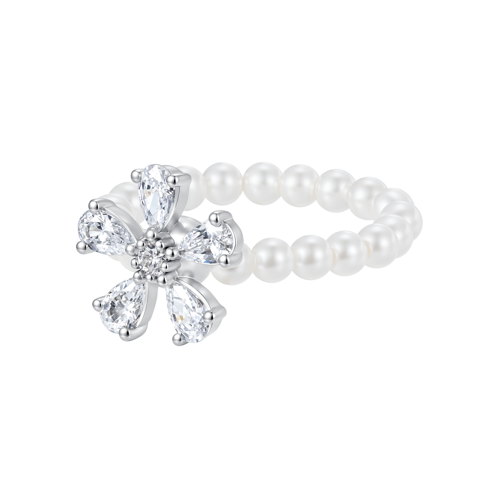 YVMIN Paradise Gem Flower Pearl Ring featuring a floral design with pearls and colorful gemstones on a silver band.