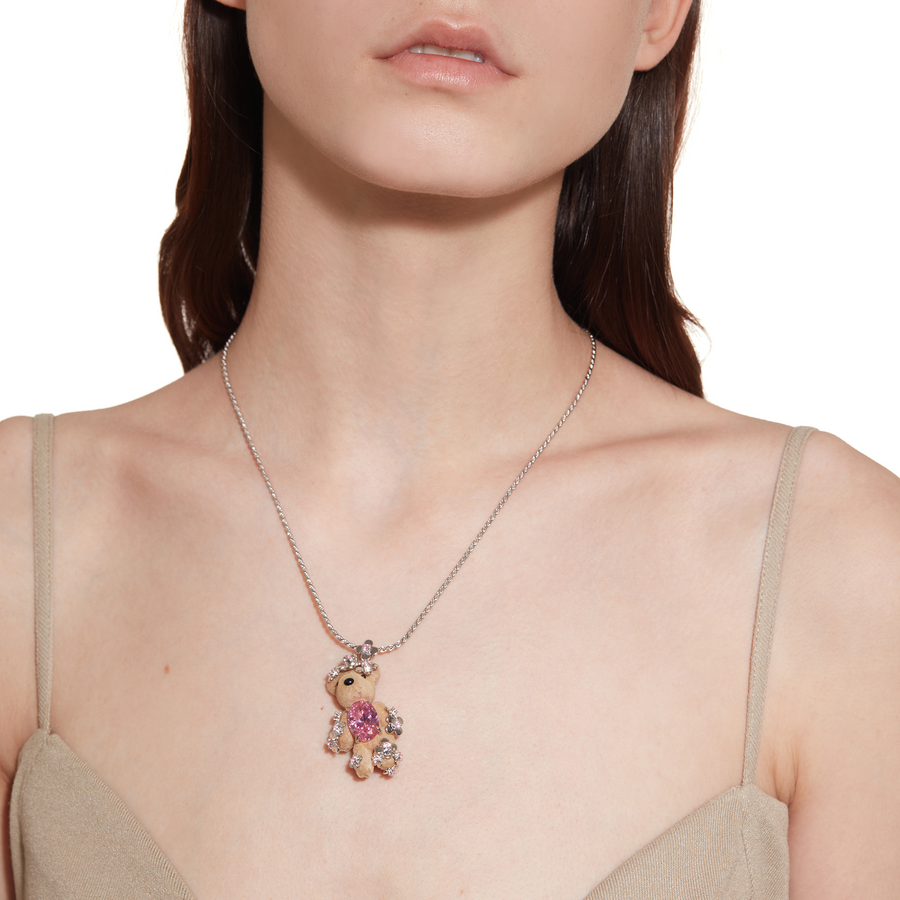 Paradise / Flower Covered Flocked Bear  Necklace