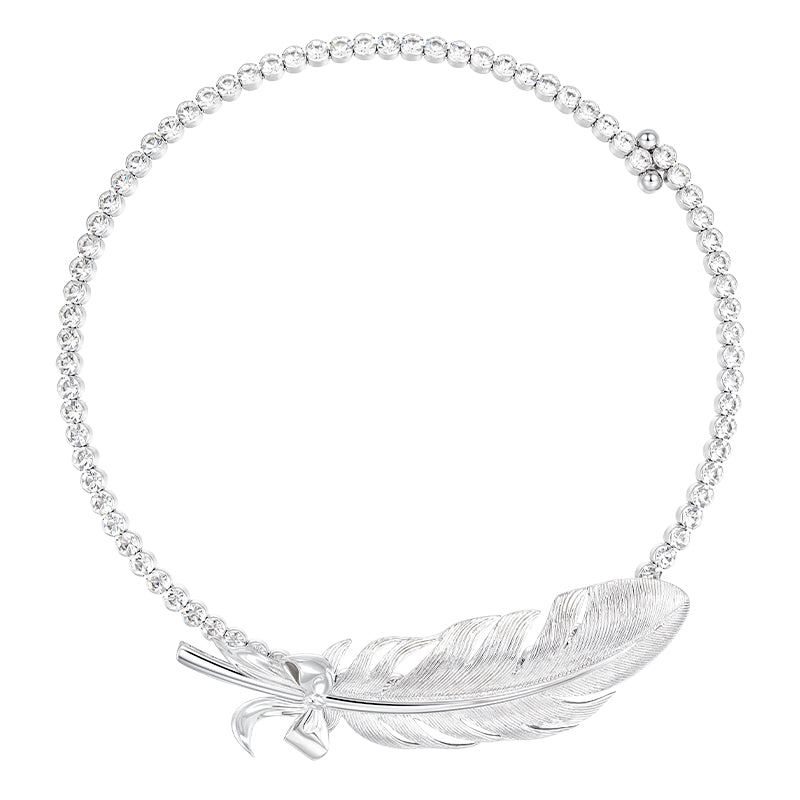 YVMIN metal feather choker necklace featuring a sleek feather pendant and adjustable chain on a black background.