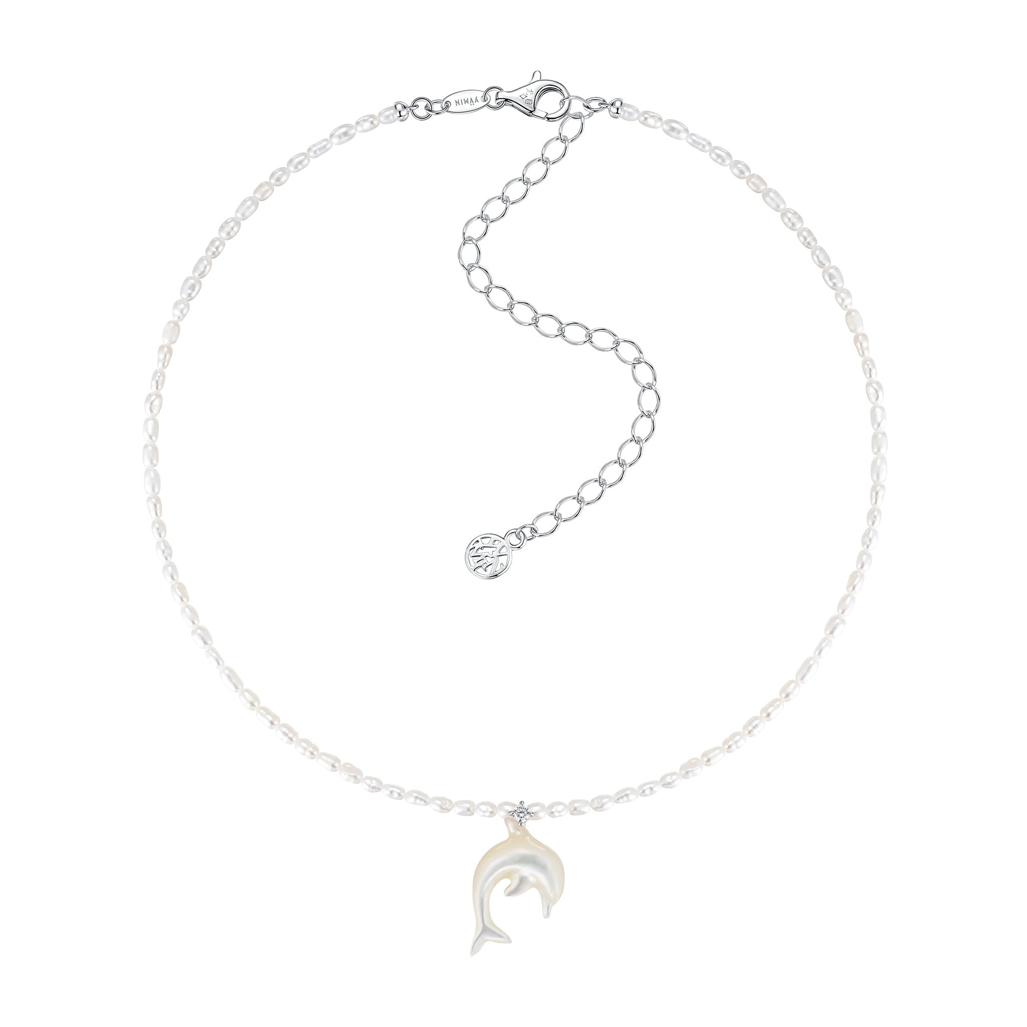 YVMIN carved mother-of-pearl dolphin necklace featuring natural pearls, showcasing detailed dolphin pendant and lustrous pearl beads
