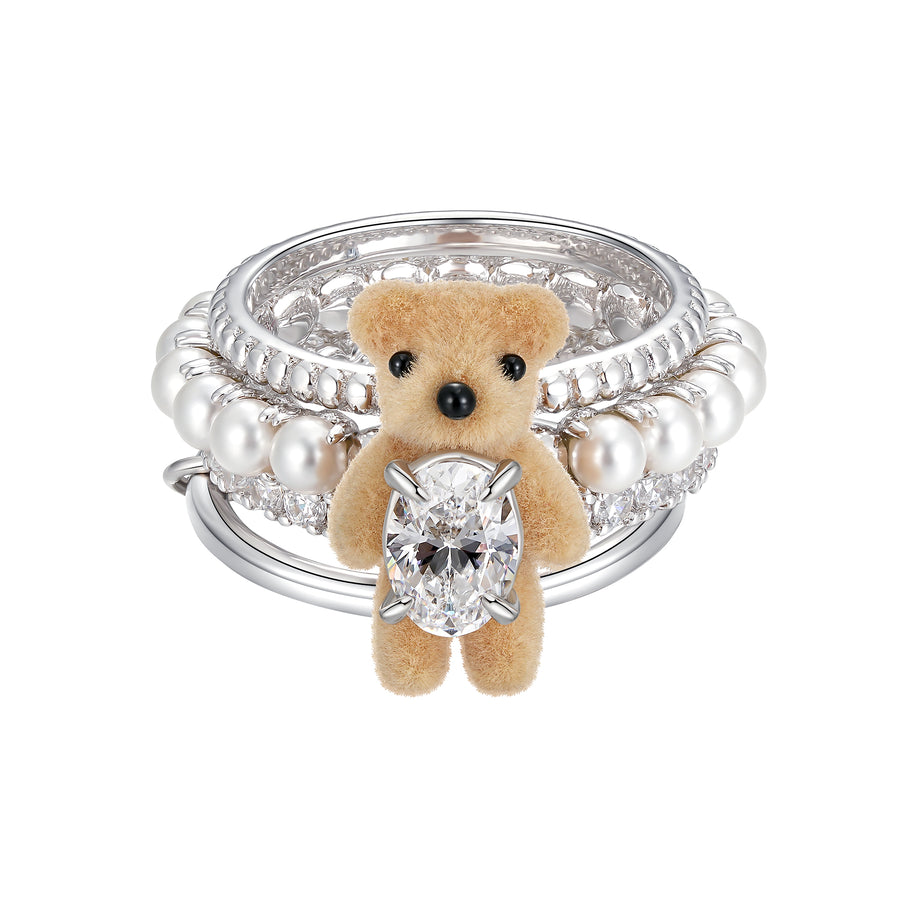 Paradise / Mini Flocked Bear Layers Pearl Ring