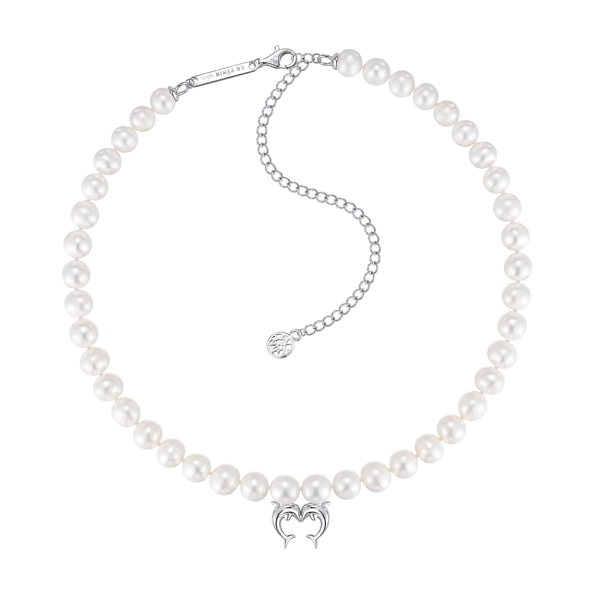 YVMIN Island double dolphin pearl necklace featuring a gold chain and two dolphin charms with pearl accents.