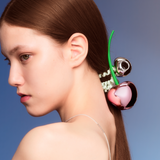 YVMIN Paradise Virtual Cherry Hair Tie worn in hair, featuring a colorful cherry design for a playful, stylish accessory.