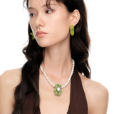 Paradise / Grass Fabric Bear Pearl Necklace