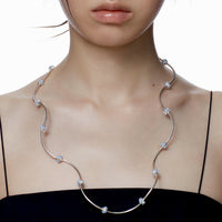 Ripple / Curved Silver Tube Gemstone Bead Necklace