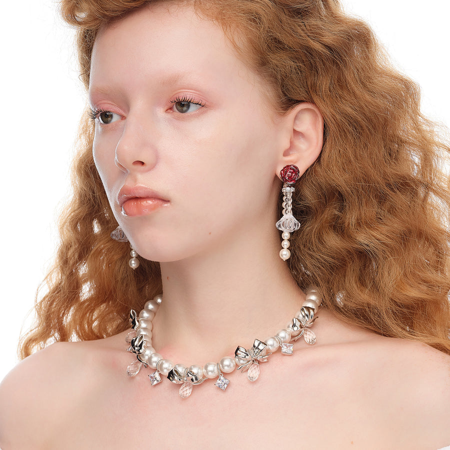 YVMIN X SHUSHUTONG / Bow Knot Crystal Pearl Chain Necklace